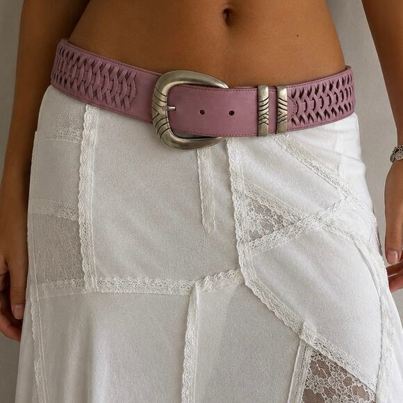 Avion Accessories - Vintage Y2K AVION Boho Baby Pink Leather Big Buckle Wide Sling Belt Size Small